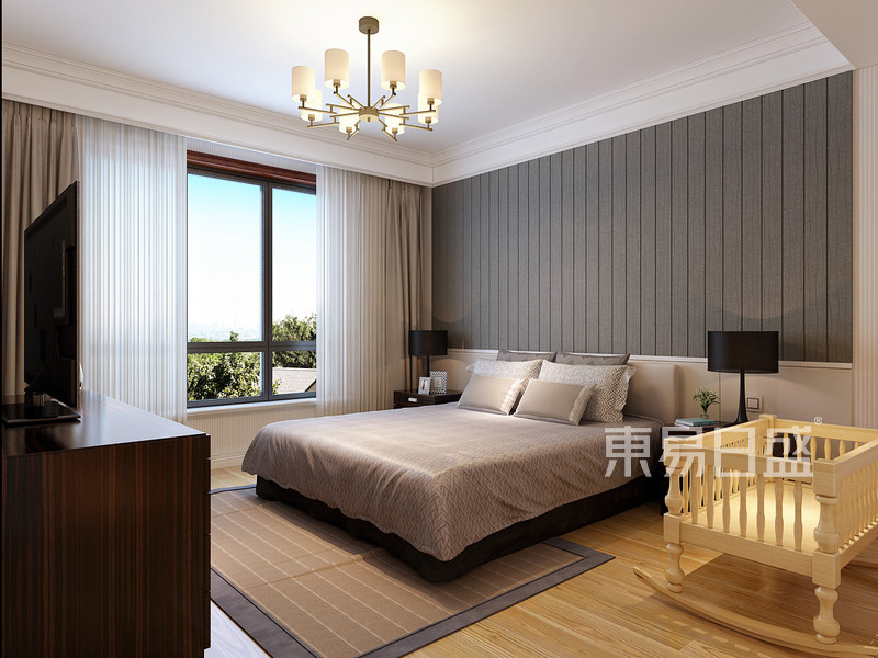 现代简约 - 主卧效果图: 床头背景墙,利用纯色软