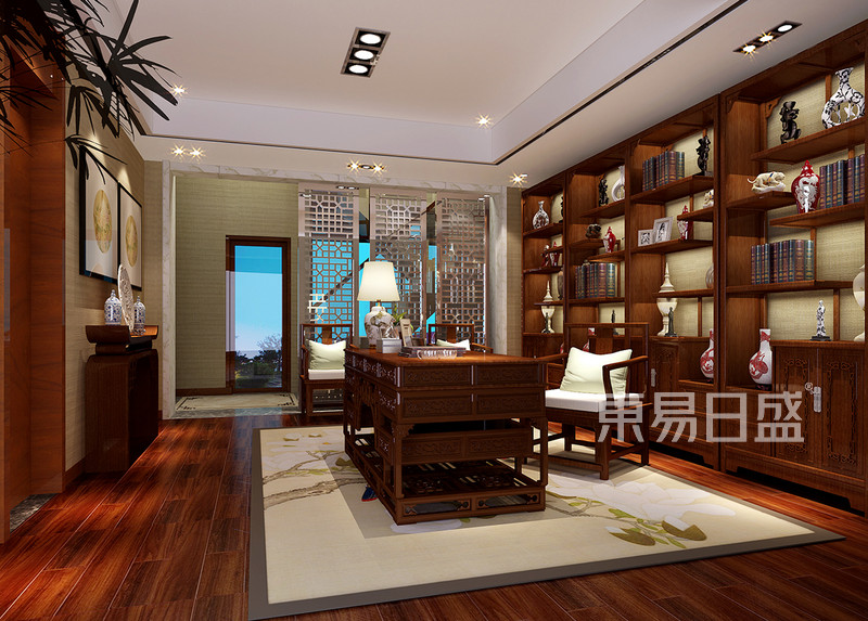 中式古典风的书房书柜设计效果图