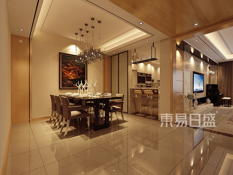 新中式 - 餐厅墙面造型与顶面造型相连,拉伸整体