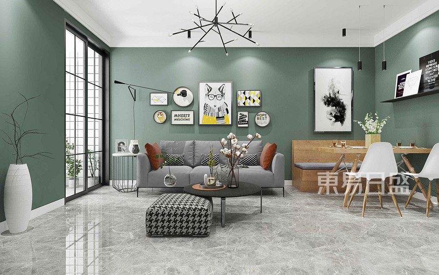灰色的布艺沙发与绿色的墙面相互映衬给人一种暖意洋洋的家庭氛围效果