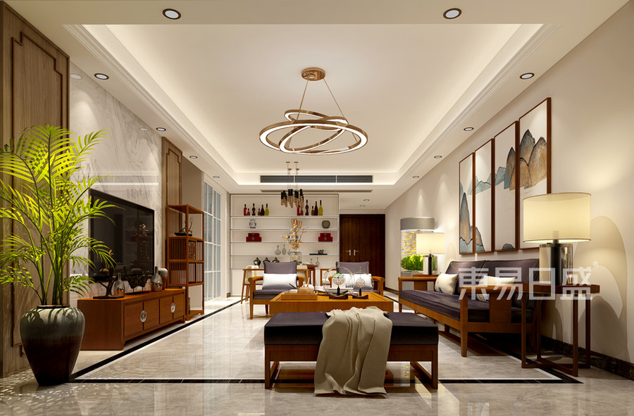三居室简约中式风格客厅装修效果图:这款在设计的时候通过中式风家具