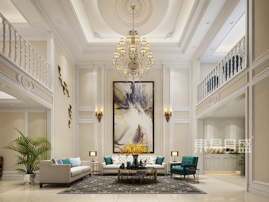 客厅挑空石材的巧妙结合效果图_2019装修案例图片