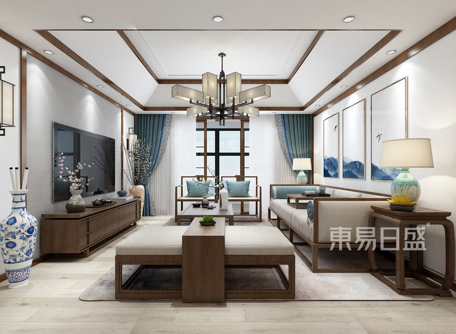 色调以白色为主,搭配上现代中式家具的木色,整体相对简洁明朗效果图