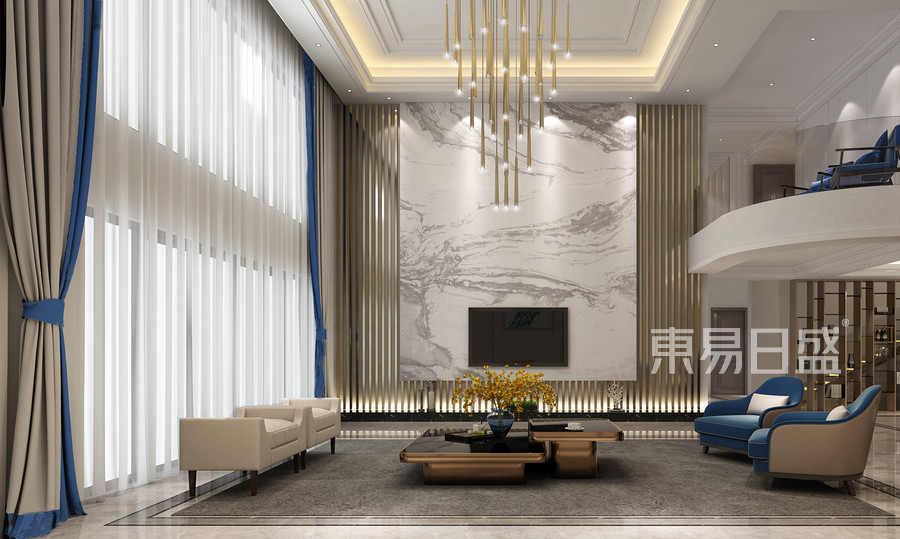 顺德碧桂园凤凰湾现代轻奢复式楼客厅电视背景墙装修效果图