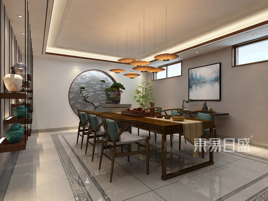 首创国际半岛别墅新中式风格地下室茶室装修效果图