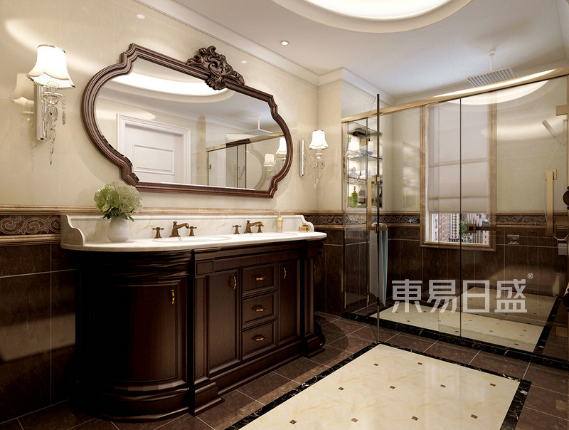 主卫生间咖色的瓷砖配上古典的浴室柜