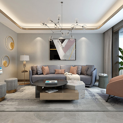 首开国风琅樾现代简约沙发背景墙装修效果图