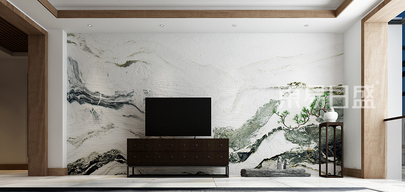 335㎡新中式跃层客厅电视墙设计