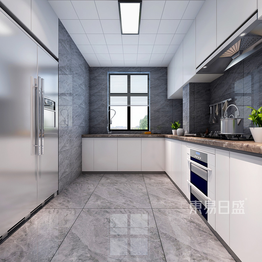 厨房墙面和地面都采用灰色大理石花纹地效果图_2019-.