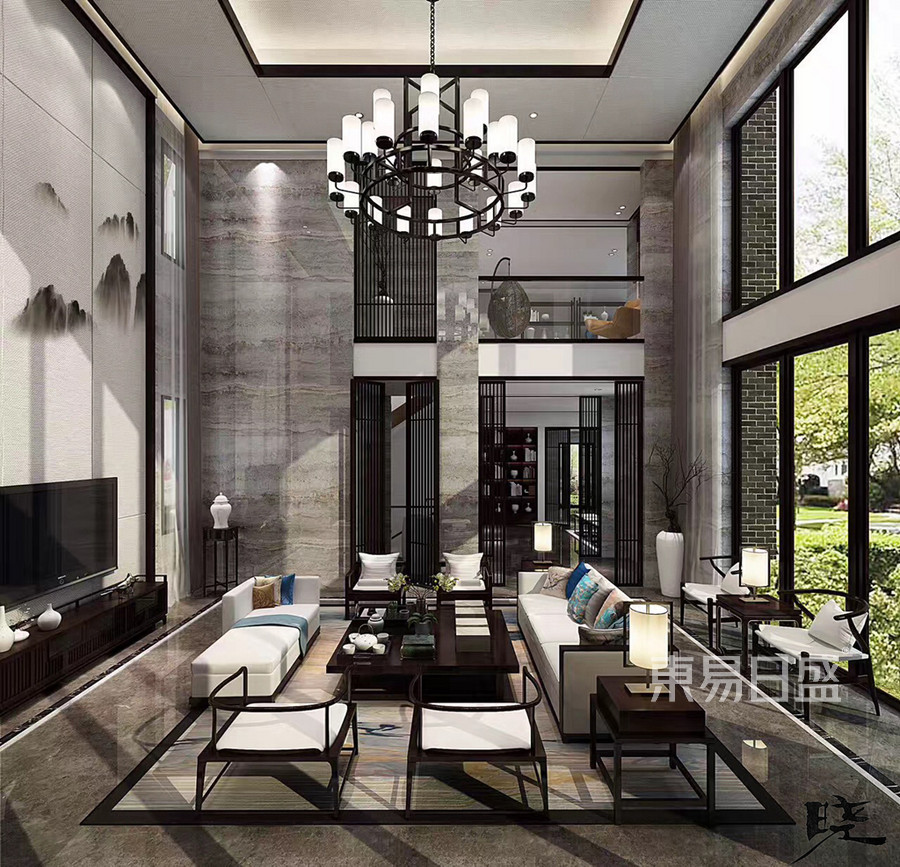 别墅-新中式-效果图-客厅装修设计