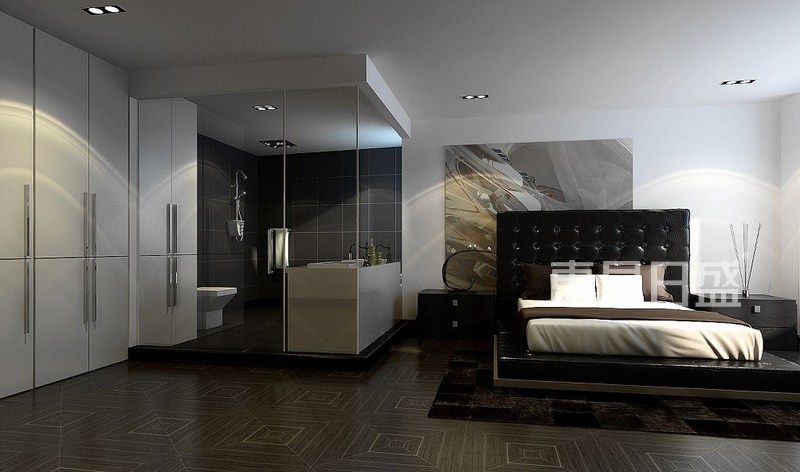 4-主卧室- 墙面设计大胆采用了黑灰色系的画品进行铺贴，卧室无主灯，全部用辅助光源解决，开放式卫生间使得现代感、空间感更强.jpg