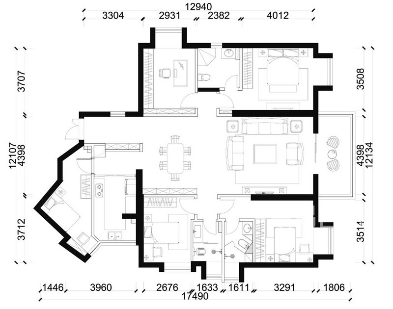 世纪江尚-新中式风格-187平米-三室两厅