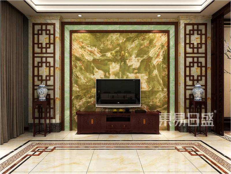 一层客厅1-在造型上，此案设计以简单的直线条表现传统中式的古朴大方；在色彩上，采用柔和的中性色调，给人中式风格优雅温馨、自然脱俗的感受。.jpg
