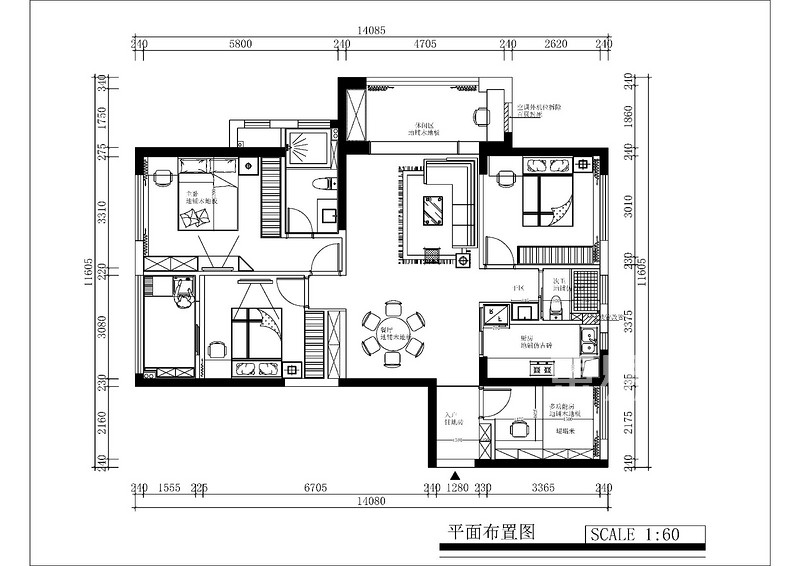 120平米四室一厅平面图,120平方四室一厅平面图 海峡传媒港-120平米-四居室两厅两卫户型解析