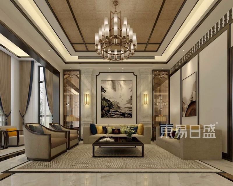 珠江郦城480平米新中式联排客厅背景