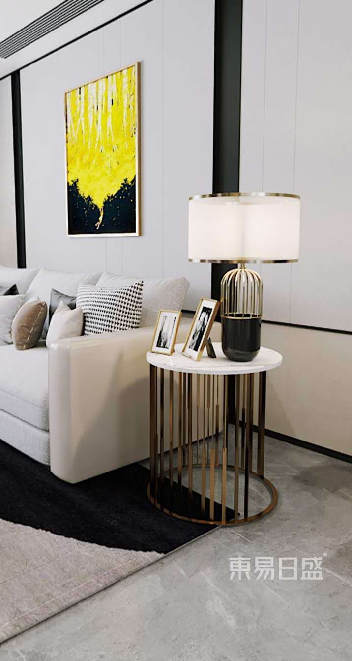 黑白浅色的沙发背景被明亮的装饰画点燃，布艺沙发与金属角几相映衬，色彩与材质的中和拿捏得炉火纯青.jpg