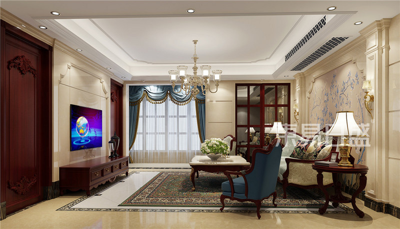 美式平层客厅（客厅作为待客区域，一般要求简洁明快，同时装修较其它空间要更明快光鲜，通常使用大量的石材）.jpg