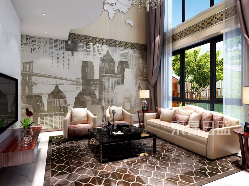 2-客厅-墙面个性的壁纸，搭配着马赛克砖，与地面相呼应，整个空间更加灵活、活跃的气氛。.jpg