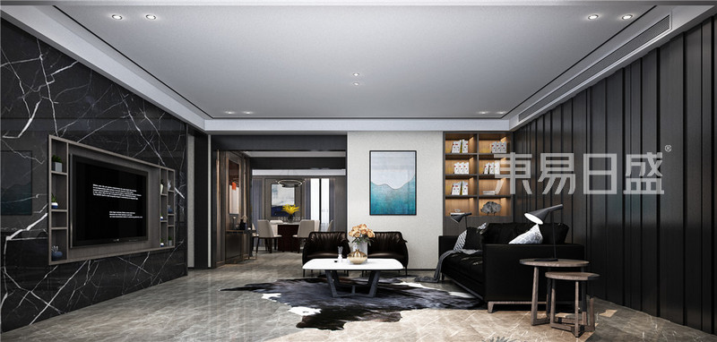 客厅 采用黑色和咖啡木纹相结合 简单的线条勾勒出空间的层次.jpg