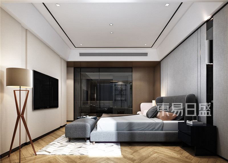 卧室 没有复杂的背景 利用灯光的点缀加上线条和大面积的颜色 凸显空间的饱满.jpg