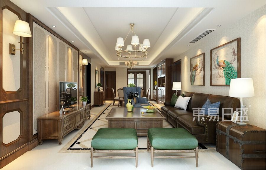客厅搭配板栗色的家具,木饰面,打造出效果图