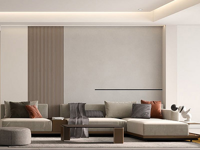 客厅极简风格装修效果图,沙发背景墙做了木质栅格的装饰,带来更具丰富