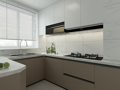 厨房采用的是白色吊柜,地柜是咖色的,层次丰富,看起来十分美观立体