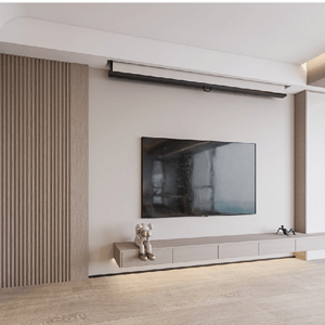客厅的电视背景墙加入了幕布,可以让业主享受到电影院级的视觉质感