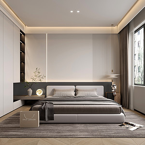 主卧床头背景木质墙板和硬包相结合线性灯烘托氛围,简单的吊线灯增加