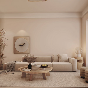 客厅原木色地板,浅色图案地毯搭配布艺沙发,沙发旁的桌子上放置一盏灯