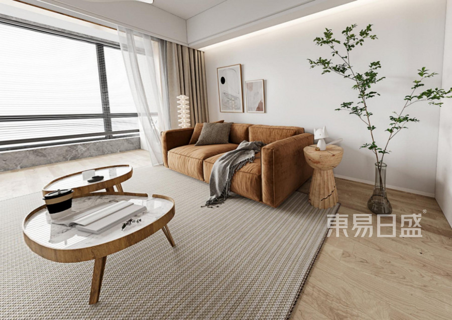 三居室现代简约效果图客餐厅以木地板色系为主体选用褐色沙发作为主体