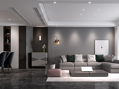 客厅现代风格装修效果图,客厅黑色瓷砖和浅灰色墙面,白色吊顶天花板