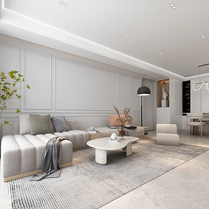 客厅装修设计效果图,客餐厅:设计采用整体白色系,沙发背景墙采用护墙