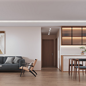 客厅简约的设计,整体以白色为主色调,原木色的地板相呼应,简洁中透露