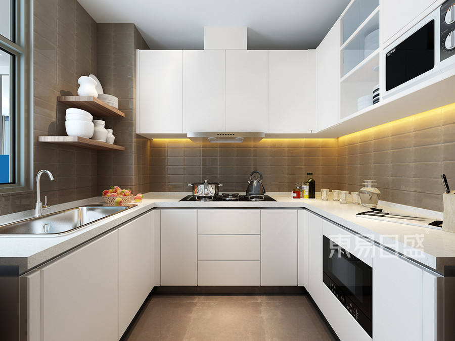 厨房白色烤漆橱柜与巧克力色墙砖搭配效果图