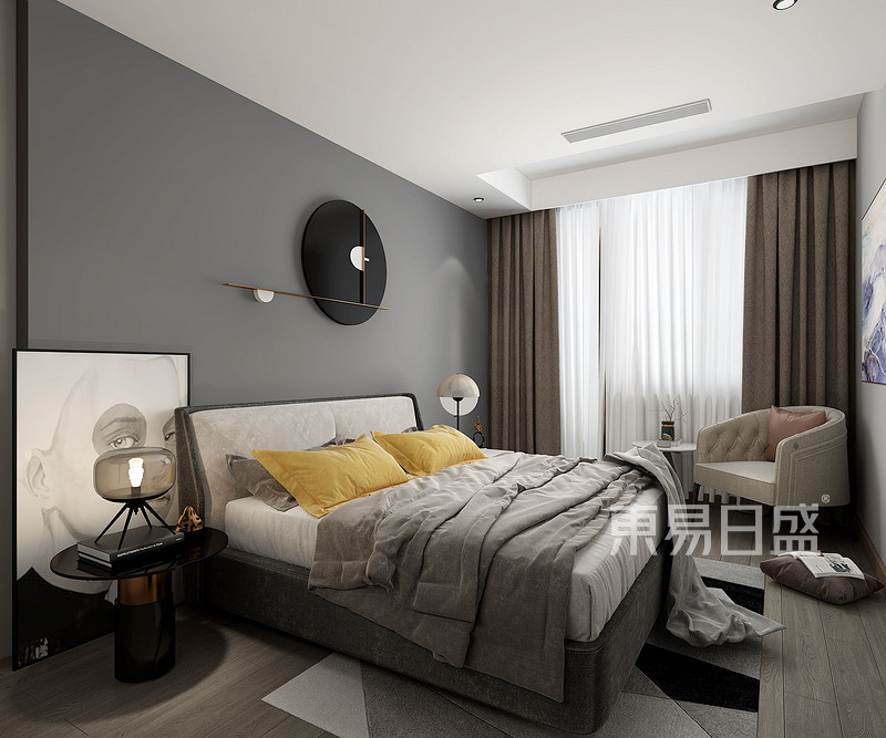 客房区域全部选用与风格呼应的灰色壁纸，简洁明了。