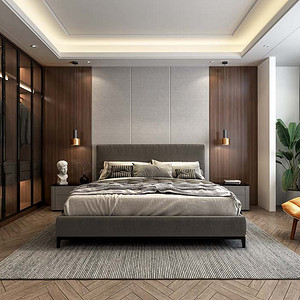 灰色壁纸与胡桃木墙板的床头与床尾休闲椅以其舒缓的韵律与随性的姿态
