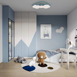 次卧二使用男孩喜欢的蓝色,浅浅的雾蓝色占据着一整面墙,包括在它傍边