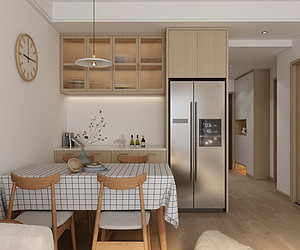 将冰箱内嵌,吊柜采用长虹玻璃门,餐边柜的设计将厨房部分功能延伸