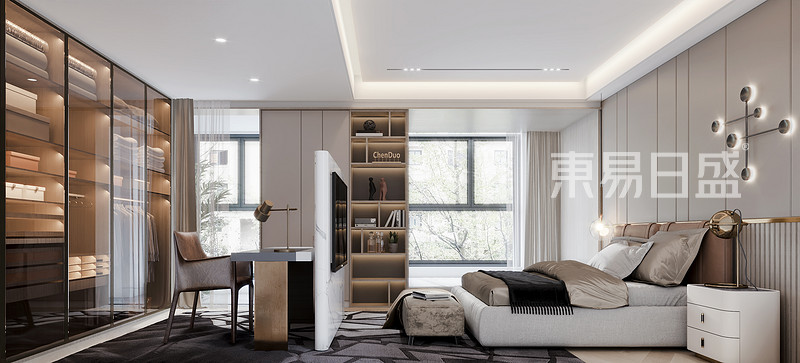 大面积单色或素净颜色的材质打造的卧室随处散发着平和之感，其重点在于空间陈设的舒适性和配色的沉稳