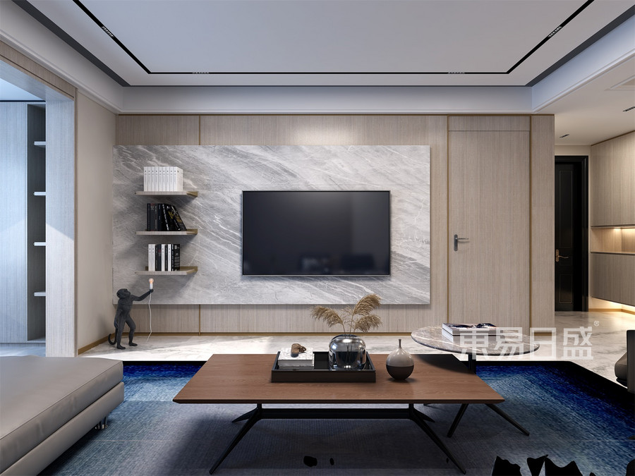 电视墙客厅以简练的白墙与温润的木饰面为底辅以冷灰花色大理石来点缀