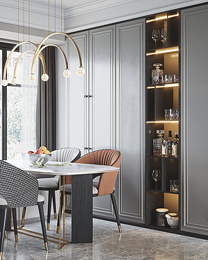 餐厅的墙面装了一个实用的酒柜的展示柜,结合上现代的优雅的餐桌椅,显