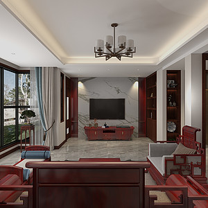 客厅大量使用红木家具,造型优美;沙发背景墙采用中式风格左右对称的