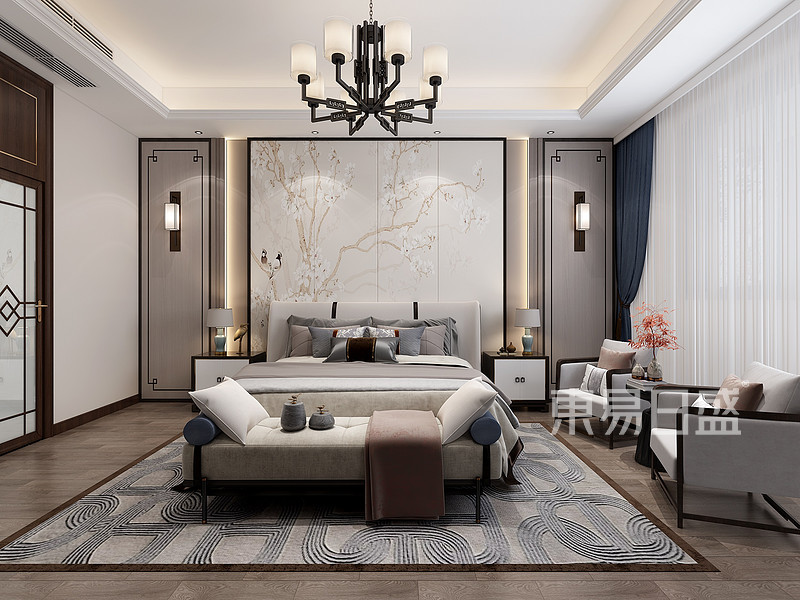 卧室作为现代背景下的古典演绎，通过取其神韵不摆其形的风雅意境，使得整个空间呈现出典雅又不乏时尚的特色