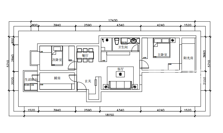 100㎡现代简约设计风格2室2厅1厨1卫户型解析