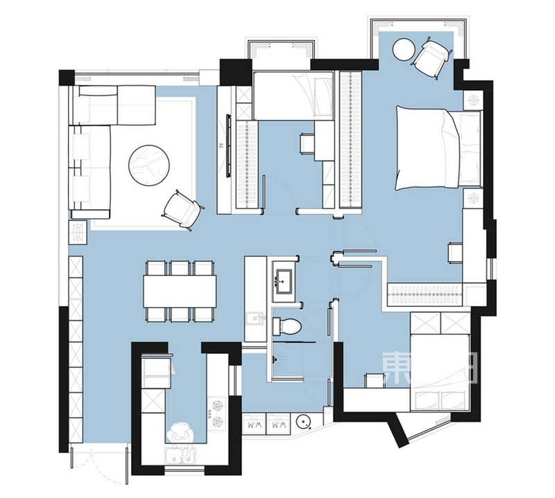 建外-116平米两室一厅-现代风格-户型图