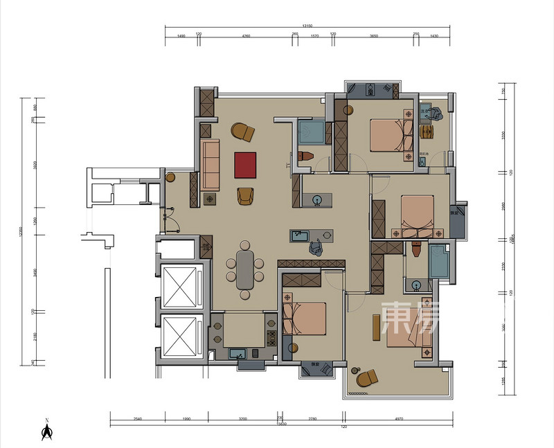 水岸新城新房装修-160平米现代简约风格-4室2厅2卫户型解析-平面布置图