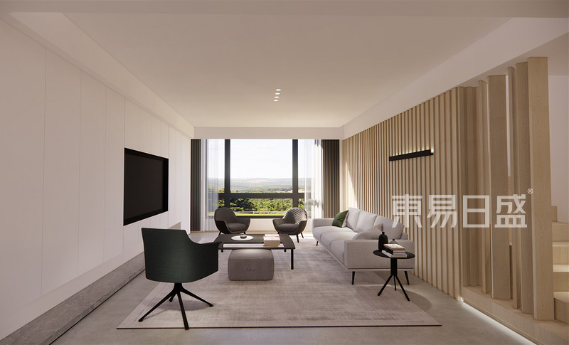 客厅沙发背景是护墙板与装饰壁灯的完美结合，色块的两种形式被演绎在了不同的载体身上，方正的沙发也好像与背景融为一体了。_副本.jpg