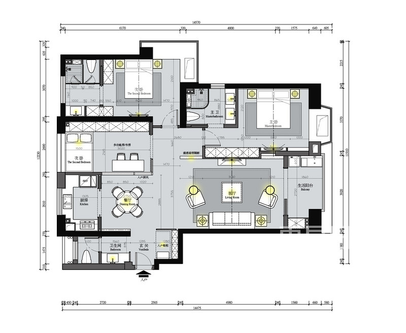 名城中心泊悦府新房装修-152平米轻奢新中式风格案例-3室2厅2卫户型解析