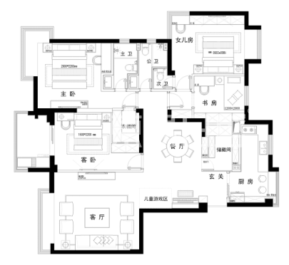 棕榈泉国际花园新房装修-151平米轻奢新中式风格案例-4室2厅2卫户型解析原始布局